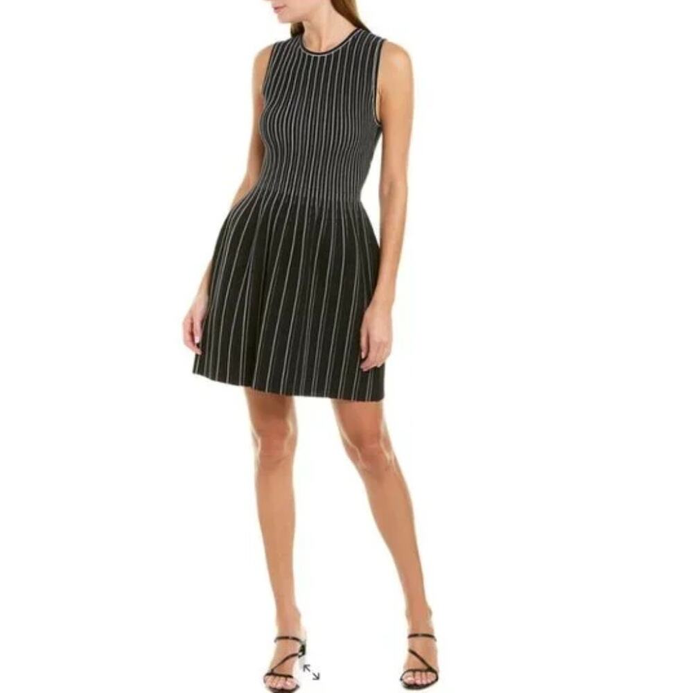 Theory Structured Shell Lustrate Black White Stripe Mini A-Line Dress Size L